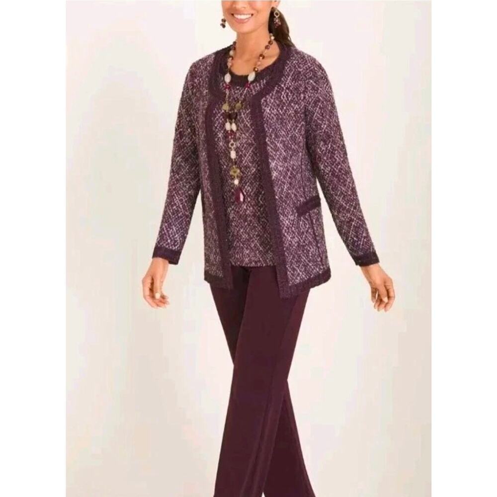 Chicos 3 Travelers Open tweed texture Purple Stretch Long Sleeve jacket sz 14/16